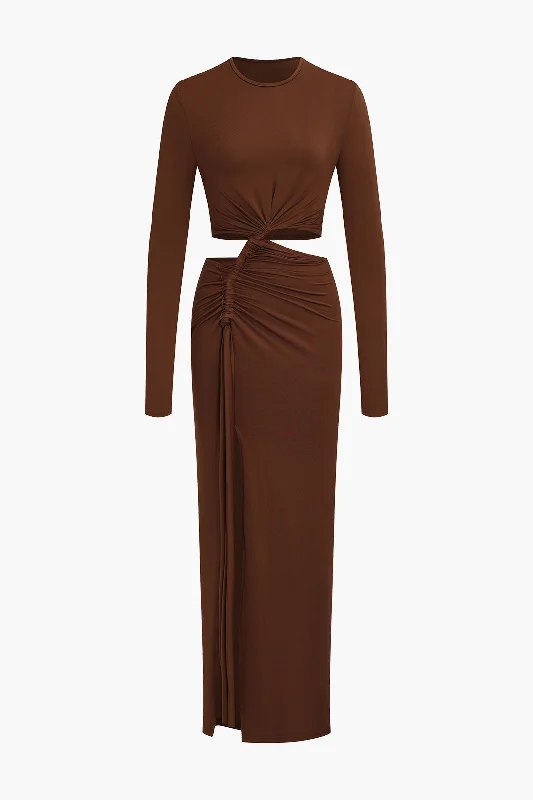 Cut Out Ruched Long Sleeve Maxi Dress