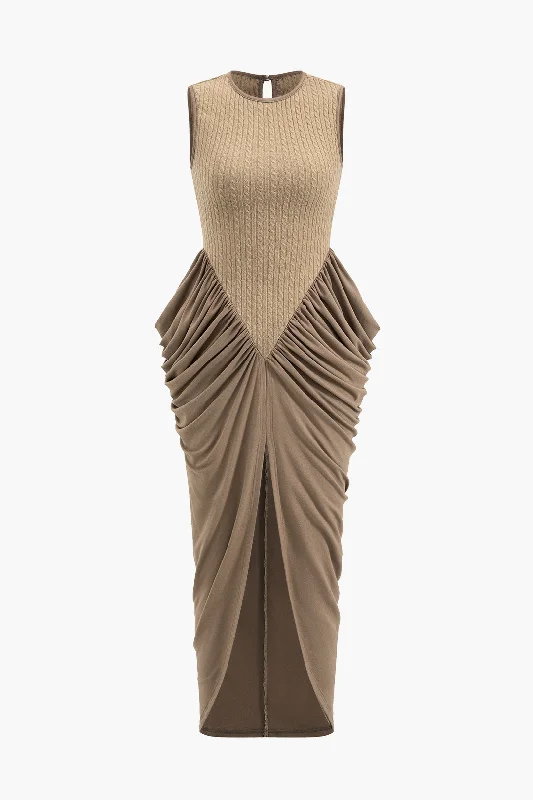 Ruched Sleeveless Round Neck Slit Maxi Dress