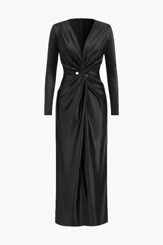 Satin Twisted Long Sleeve V-Neck Maxi Dress