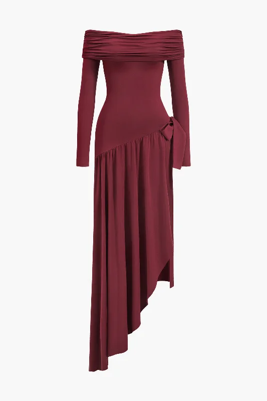 Bow Off Shoulder Long Sleeve Maxi Dress