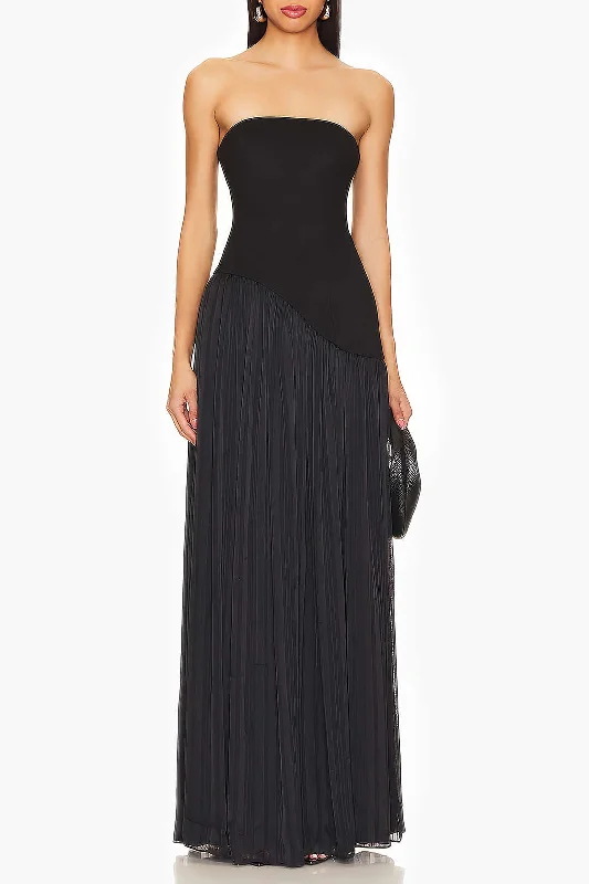 Strapless Patchwork Zipper Pleated Maxi Dress