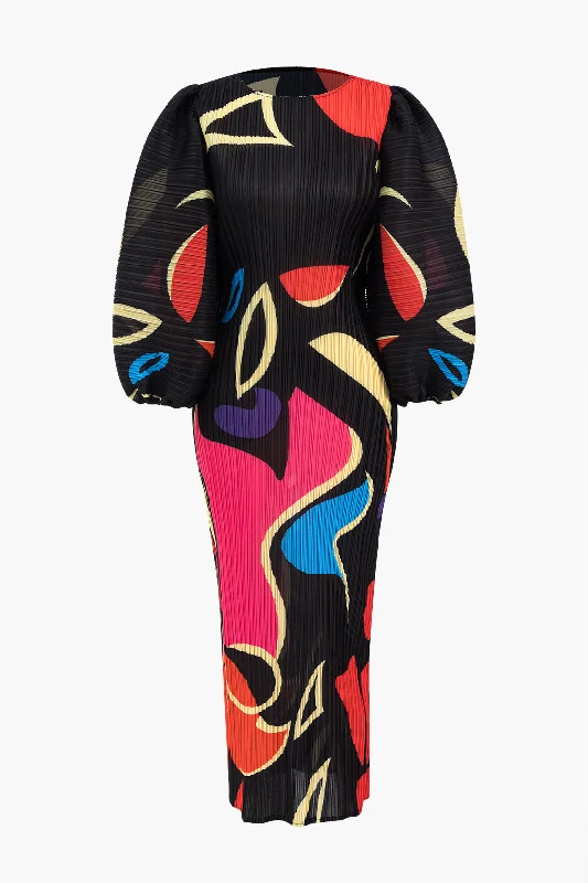 Abstract Print Lantern Sleeve Maxi Dress