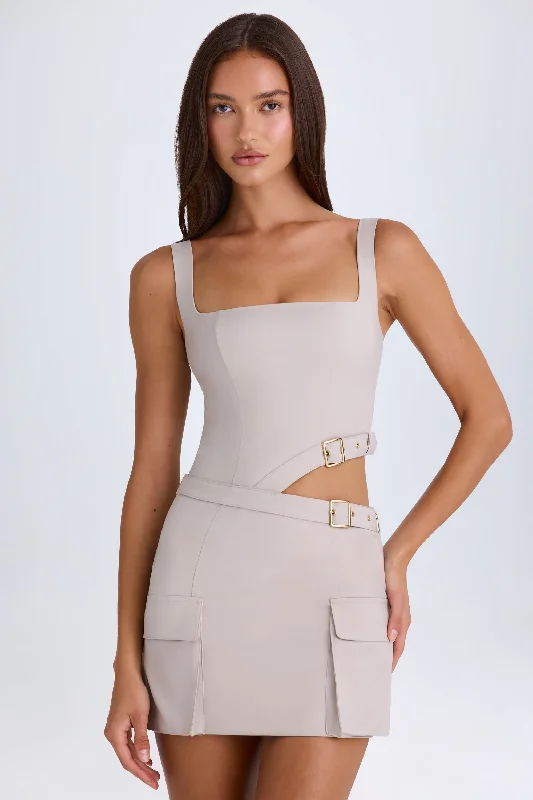 Mini dresses with fringe for a bohemian styleBelted Cut-Out Mini Dress in Taupe