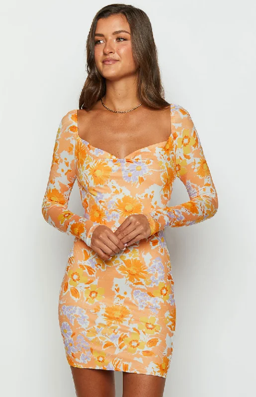 Mini dresses with beaded embellishments for a fancy eventAshi Orange Floral Long Sleeve Mini Dress Mini dresses with beaded embellishments for a fancy eventAshi Orange Floral Long Sleeve Mini Dress