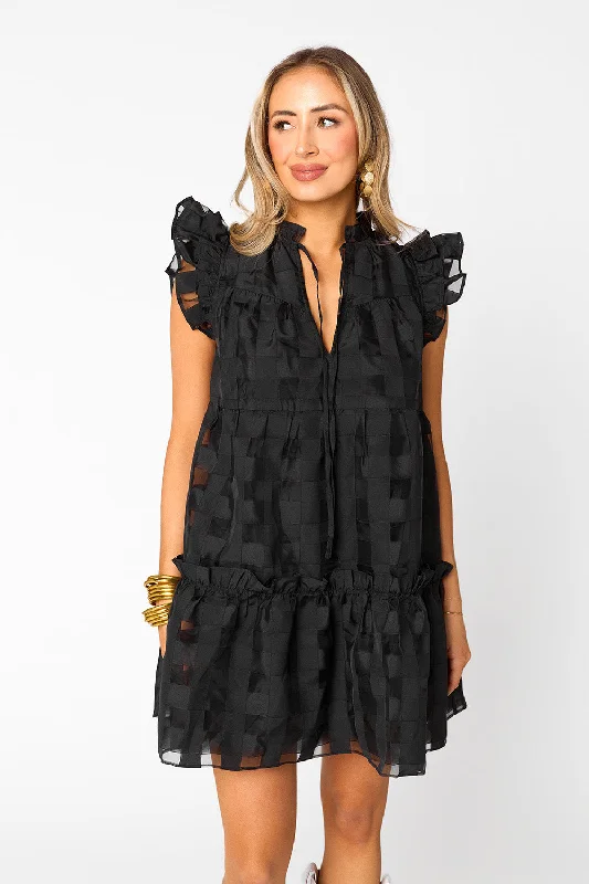 Mini dresses with beaded embellishments for a fancy eventAubrey Ruffle Shoulder Short Dress - Black Mini dresses with beaded embellishments for a fancy eventAubrey Ruffle Shoulder Short Dress - Black