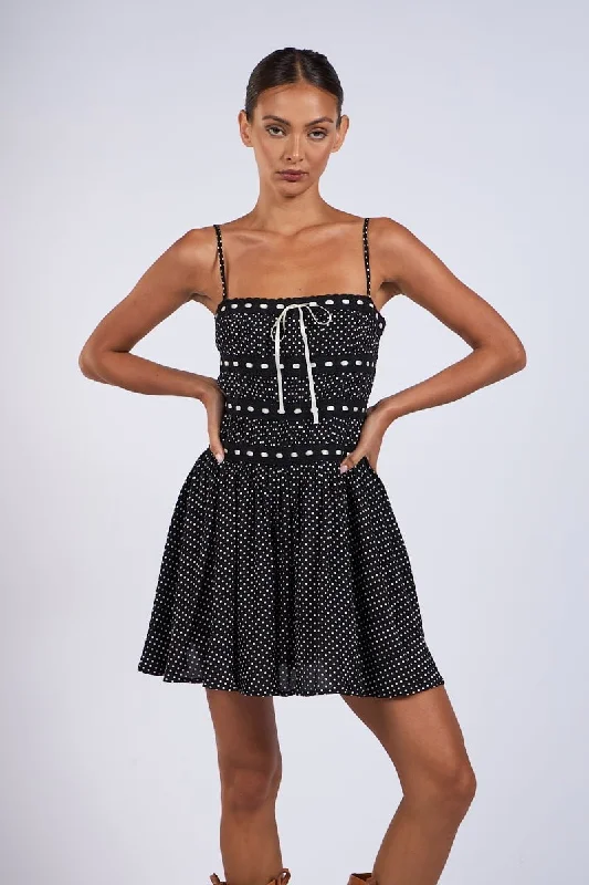 Audrey Black Polka Dot Ribbon Trim Mini Dress