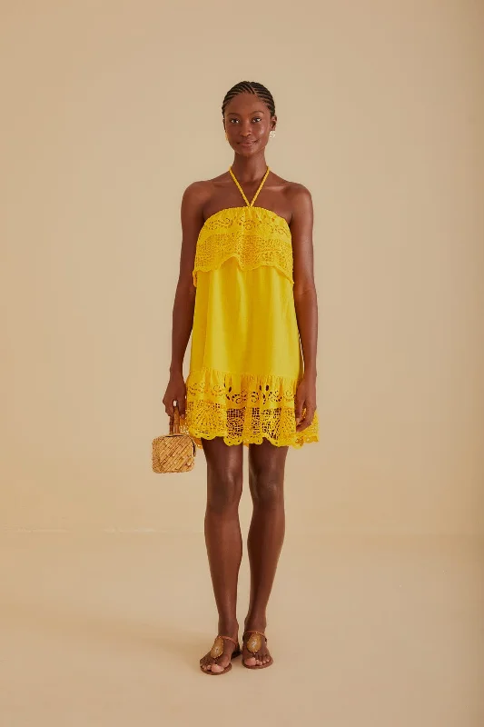 Yellow Embroidered Guipure Euroflax™ Premium Linen Mini Dress