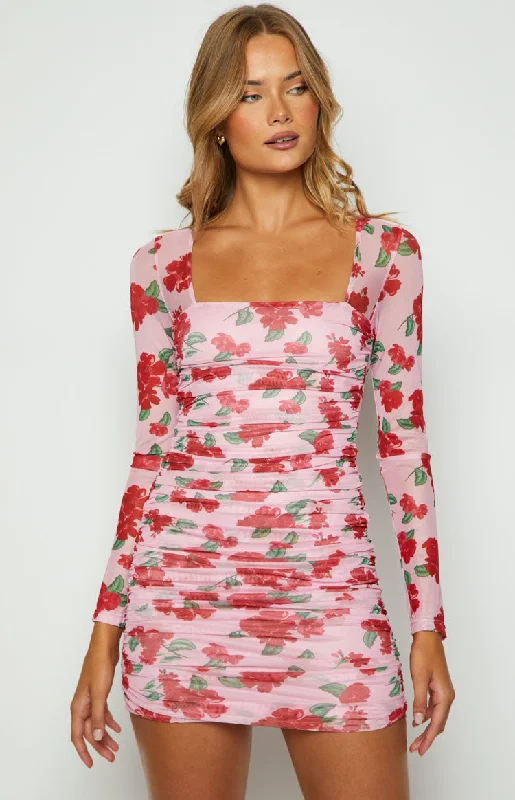 Mini dresses with empire waists for a flattering fitEstee Pink Print Long Sleeve Mesh Mini Party Dress Mini dresses with empire waists for a flattering fitEstee Pink Print Long Sleeve Mesh Mini Party Dress