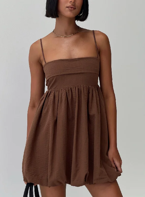 Mini dresses with ruched bodices for a feminine touchLayken Bubble Hem Mini Dress Chocolate Mini dresses with ruched bodices for a feminine touchLayken Bubble Hem Mini Dress Chocolate