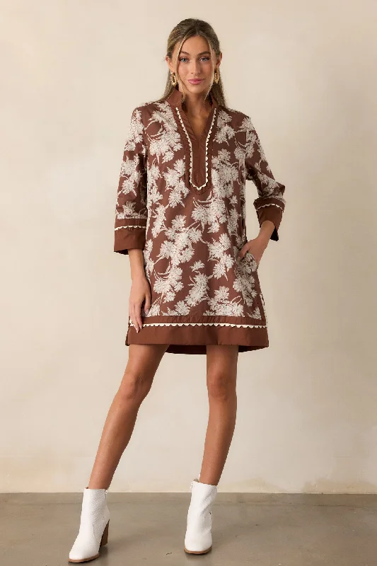 Orchid's Whisper 100% Cotton Chocolate Floral Long Sleeve Mini Dress