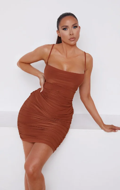 Pale Chocolate Ruched Cowl Neck Bodycon Mini Dress - Sofie