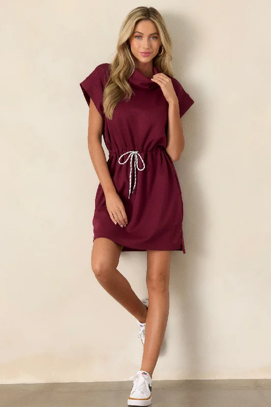 Mini dresses with cold - shoulder designsSee The End Burgundy Drawstring Mini Dress