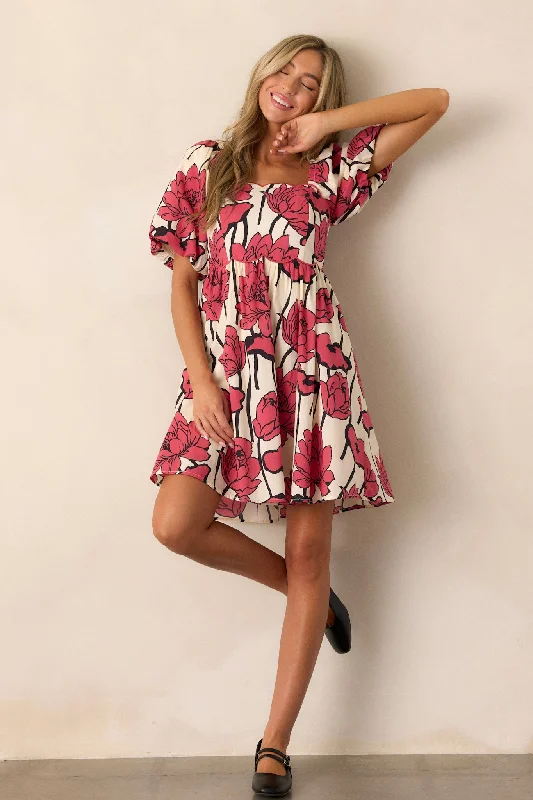 Mini dresses with gathered skirts for a voluminous effectWhispering Moonlight 100% Cotton Red Floral Mini Dress Mini dresses with gathered skirts for a voluminous effectWhispering Moonlight 100% Cotton Red Floral Mini Dress
