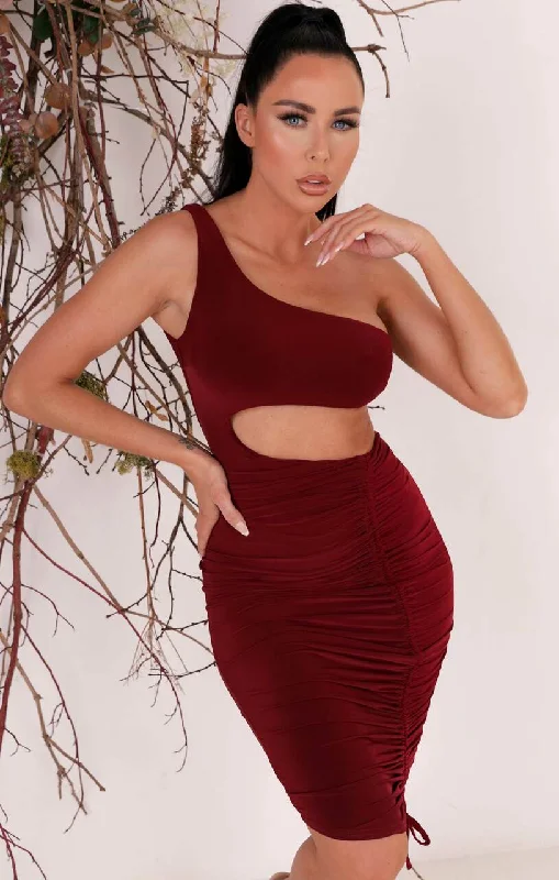 Wine Cut Out Slinky One Shoulder Ruched Bodycon Mini Dress - Florence