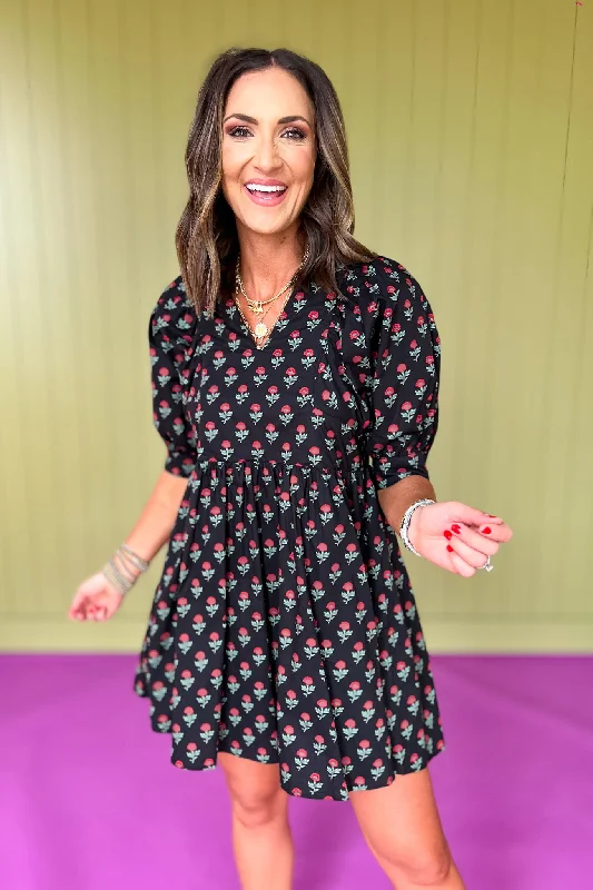 Black Floral Print Collared V Neck Short Sleeve Dress