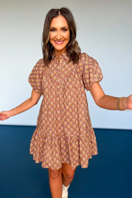 Brown Print Collared Button Detail Short Puff Sleeve Dress