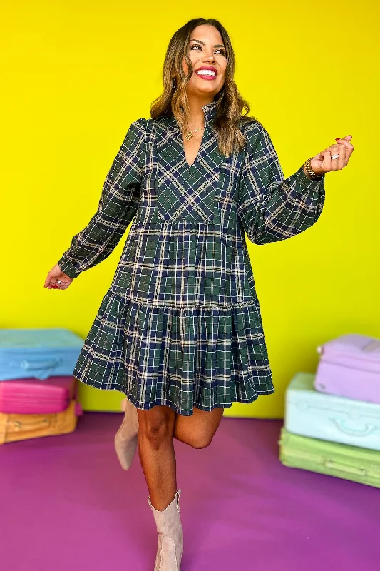 Hunter Green Plaid Print Ruffle V Neck Dress