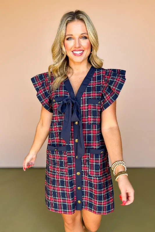 Navy Plaid Button Up Self Tie Detail Short Ruffle Sleeve Dress