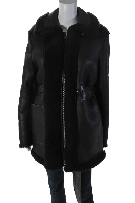 Quilted down women's coats with removable hoods for outdoor activitiesACNE Studios Womens Leather Shearling Lined Double Zip Coat Black