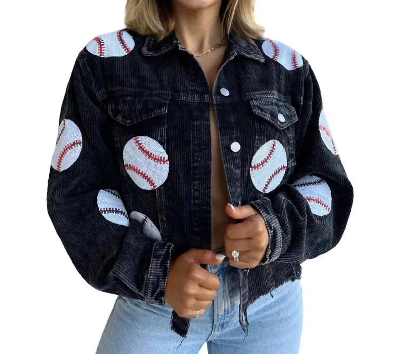 Embroidered women's cotton coats in a bohemian pattern for a unique designBaseball Corduroy Jacket In Black Embroidered women's cotton coats in a bohemian pattern for a unique designBaseball Corduroy Jacket In Black