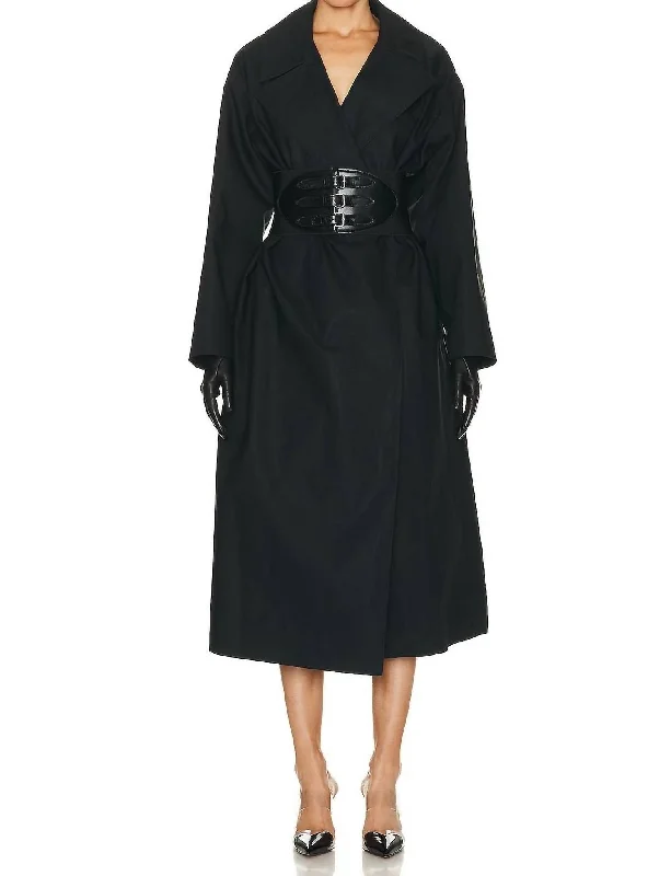 Embroidered women's cotton coats in a bohemian pattern for a unique designBelted Trench Coat In Noir Embroidered women's cotton coats in a bohemian pattern for a unique designBelted Trench Coat In Noir
