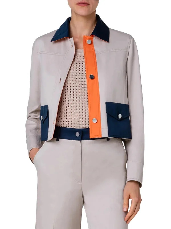 Collared Jean Jacket In Beige/navy/orange