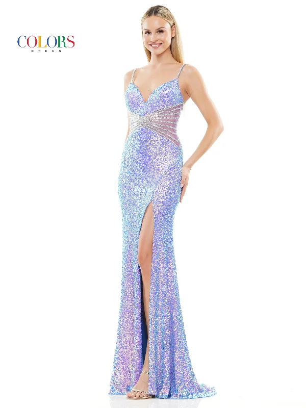 Colors 3300 Long Sequin Front Slit Spaghetti Strap Prom Dress