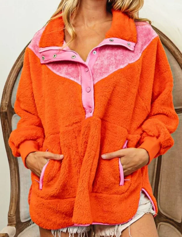 Water - resistant women's trench coats with adjustable cuffs for rainy daysCorduroy Neck Half Sherpa Pullover In Pink/blood Orange Water - resistant women's trench coats with adjustable cuffs for rainy daysCorduroy Neck Half Sherpa Pullover In Pink/blood Orange