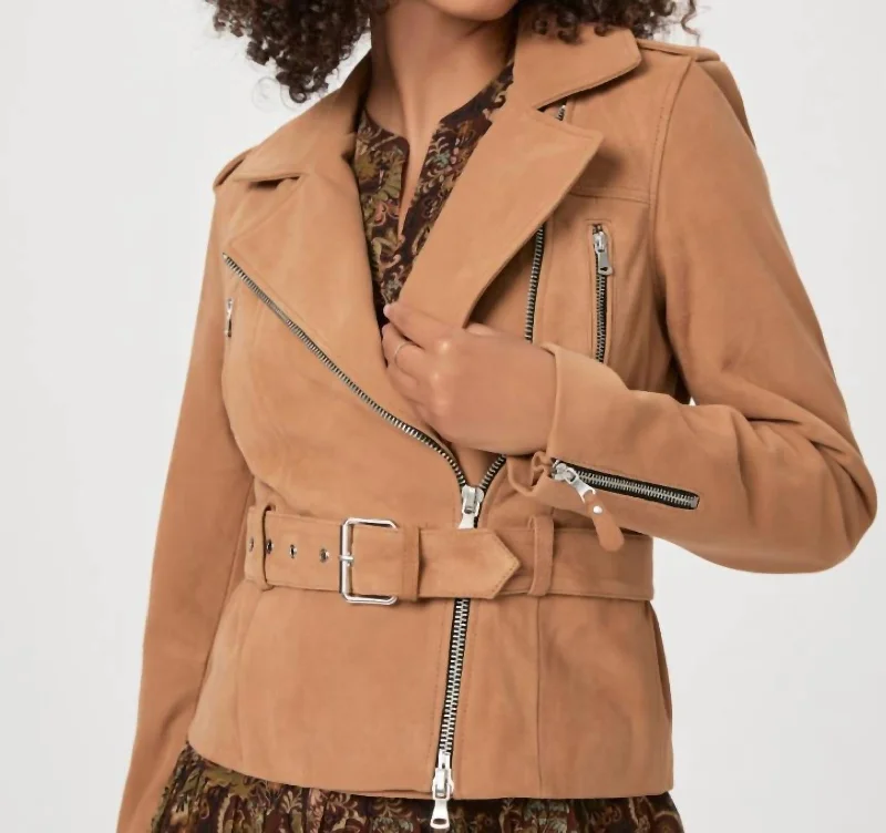 Dannie Suede Moto Jacket In Toffee Bronze