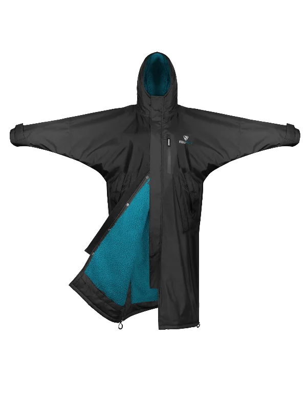 Shearling - lined women's leather coats for ultimate warmth and luxuryEvolution Women's | Thick Fleece | Fixed Hood | Black/Turquoise Shearling - lined women's leather coats for ultimate warmth and luxuryEvolution Women's | Thick Fleece | Fixed Hood | Black/Turquoise