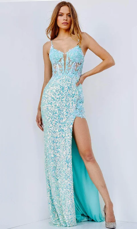 Jovani 24299 Illusion Corset Bodice Sequin High Slit Long Prom Dress