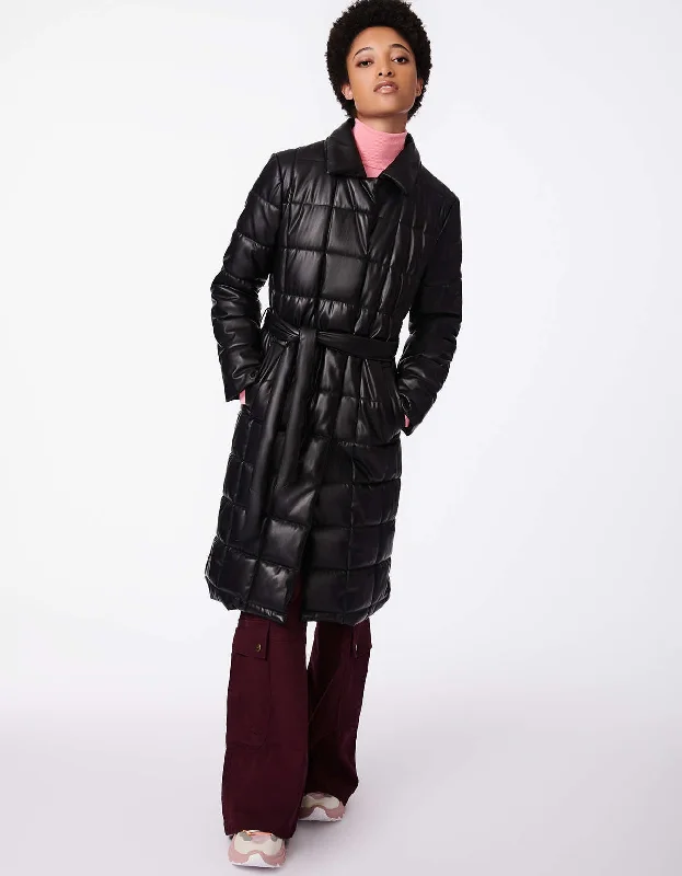 Water - resistant women's trench coats with adjustable cuffs for rainy daysOn The Grid Long Belted Vegan Puffer Coat