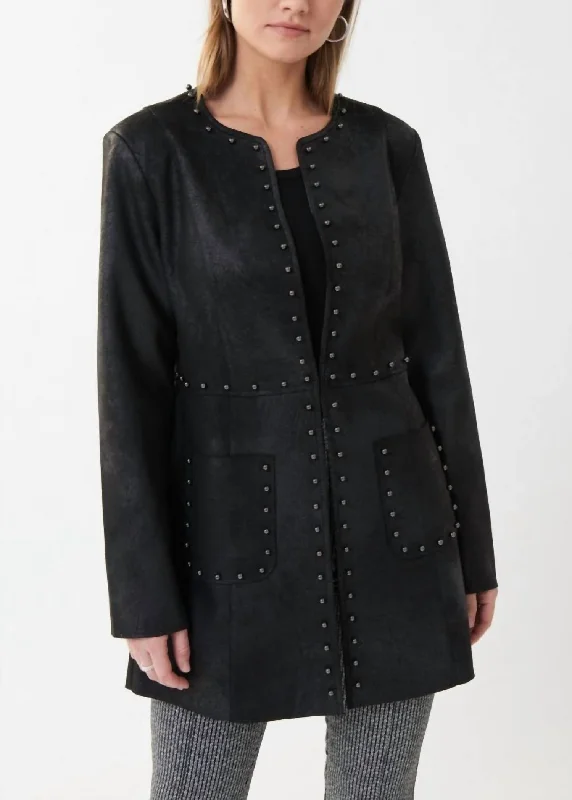 Women's cropped leather coats with silver studs for an edgy lookStudded Trim Jacket In Black Women's cropped leather coats with silver studs for an edgy lookStudded Trim Jacket In Black