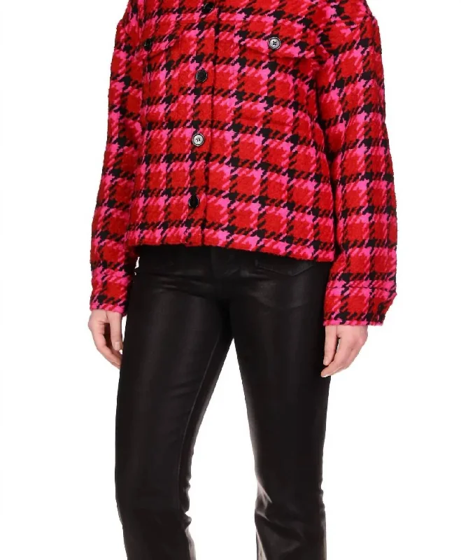 Women's reversible down coats with two - tone designs for versatile stylingThe Plaid Shacket In Red Lipstick