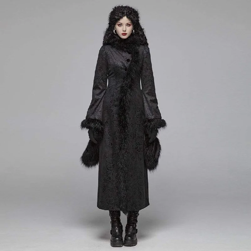 Hooded women's puffer coats in neon colors for high - visibility sportsWomen's Goth Jacquard Flare Sleeved Woolen Maxi Overcoat With Fur Collar