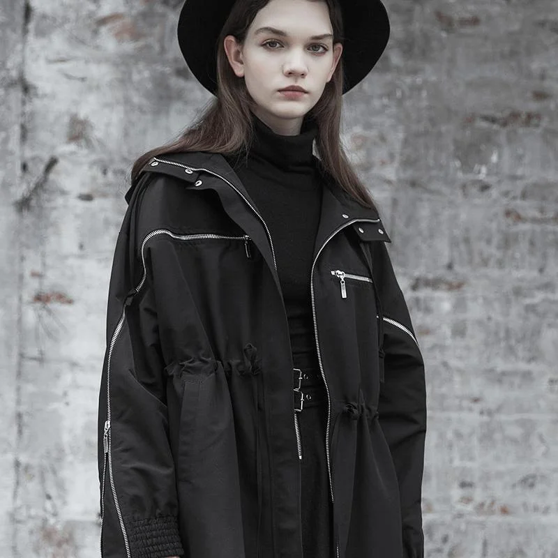 Women's longline double - breasted camel coats for a sophisticated lookWomen's Punk Turn-down Collar Zipper Strappy Hooded Coat