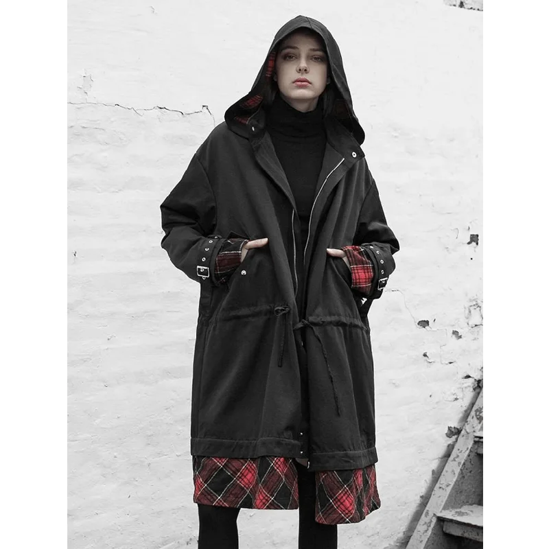 Women's longline double - breasted camel coats for a sophisticated lookWomen's Vintage Plaid Colorblock Loose Long Hooded Coat