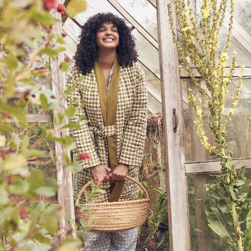 short - length women robes for a more casual lookBotanical Green Gingham Linen Housecoat short - length women robes for a more casual lookBotanical Green Gingham Linen Housecoat
