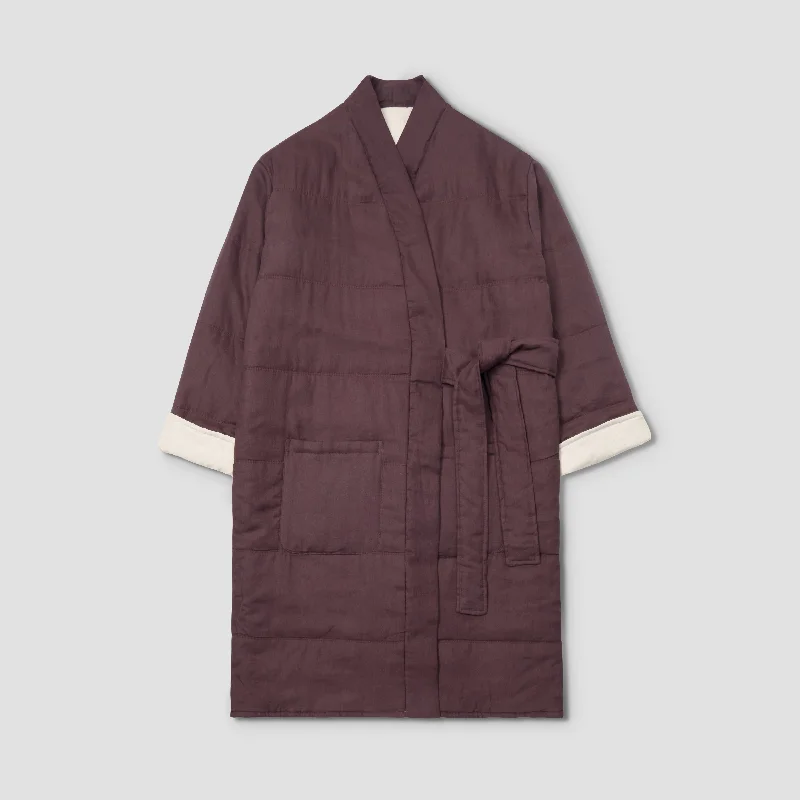 women robes with pockets for convenienceConker Brown Linen Housecoat