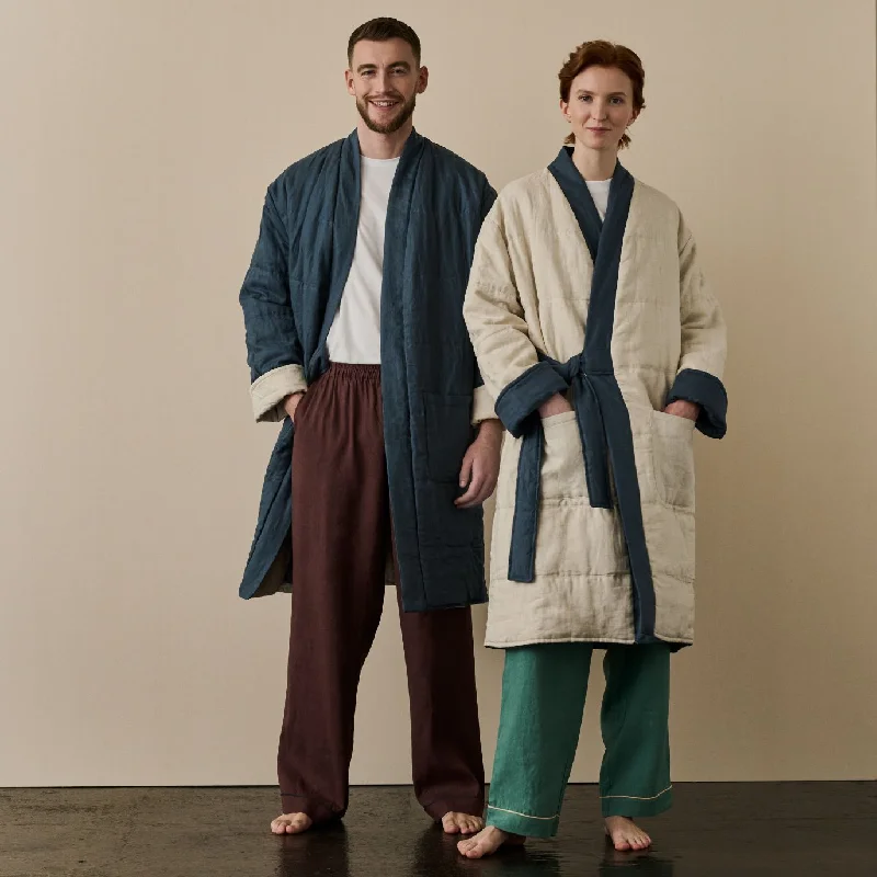 women robes with a color - blocking effectDeep Teal Linen Housecoat