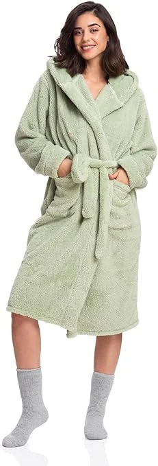 women robes with a dropped - shoulder designSherpa Hooded Robe for Women - Fluffy, Plush, and Cozy in Elegant Green