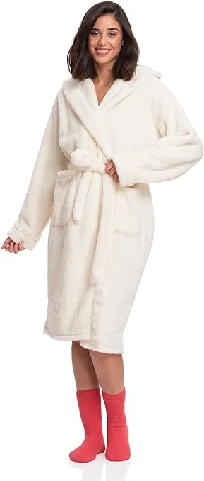 women robes with a sheer panel for a touch of allureWomen's Sherpa Hooded Robe in Off White - Experience Ultimate Plush Comfort Every Time