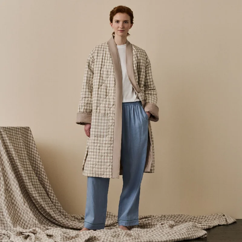 women robes with a quick - dry fabric for frequent useMushroom Gingham Linen Housecoat women robes with a quick - dry fabric for frequent useMushroom Gingham Linen Housecoat