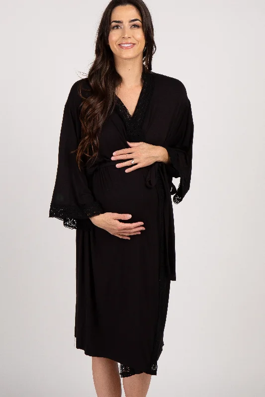women robes with a reversible design for versatilityPinkBlush Black Crochet Trim Delivery/Nursing Maternity Robe