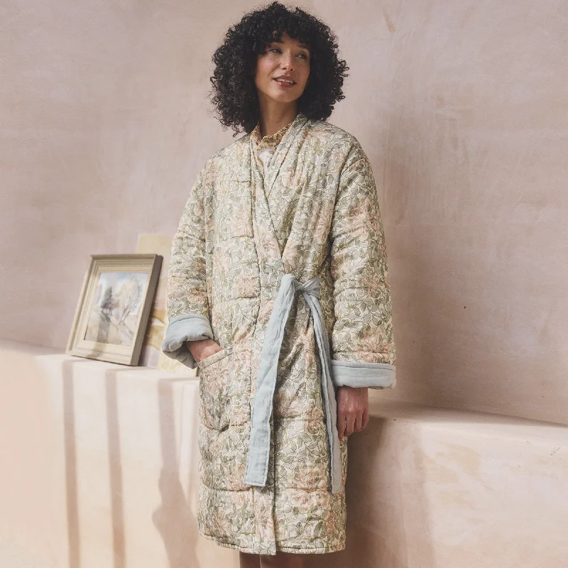 women robes with a reversible design for versatilitySoft Sage Honeysuckle Linen Housecoat women robes with a reversible design for versatilitySoft Sage Honeysuckle Linen Housecoat