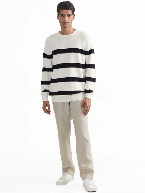 Ascot Striped Off White Crew Neck Cotton Relaxed-Fit Sweater