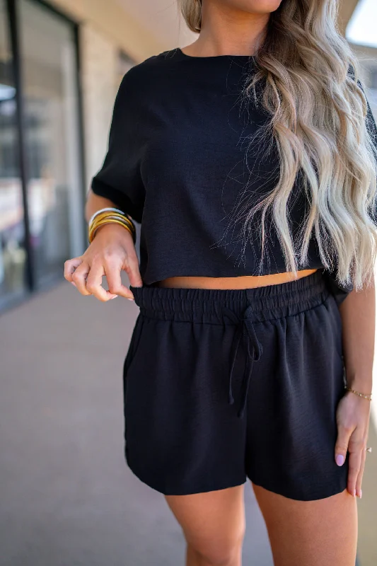 Elastic Waist Women Shorts for Easy Wear and ComfortEasy Everyday Black Set