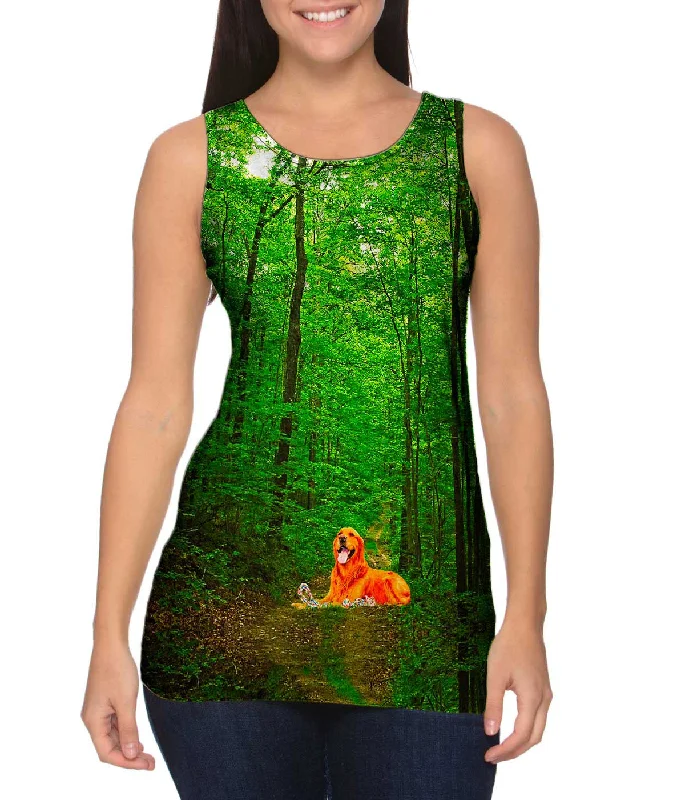 Plus Size Women's Puff - Sleeve Tank Tops in Pastel HuesGolden Retriever Forest
