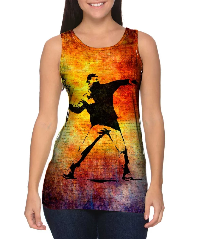 Scoop Neck Women's Linen Blend Tank Tops for SummerGraffiti Banksy Flower Throw