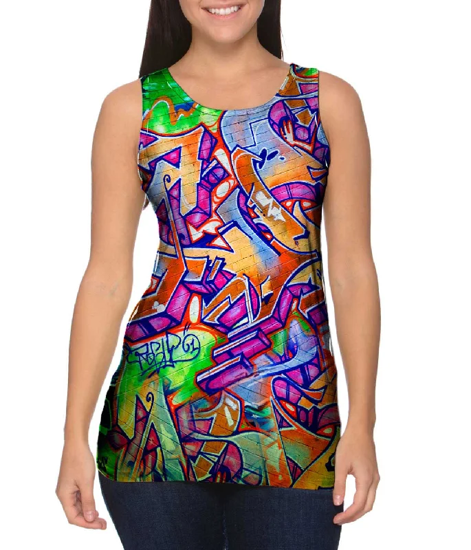 Scoop Neck Women's Linen Blend Tank Tops for SummerGraffiti Green Street